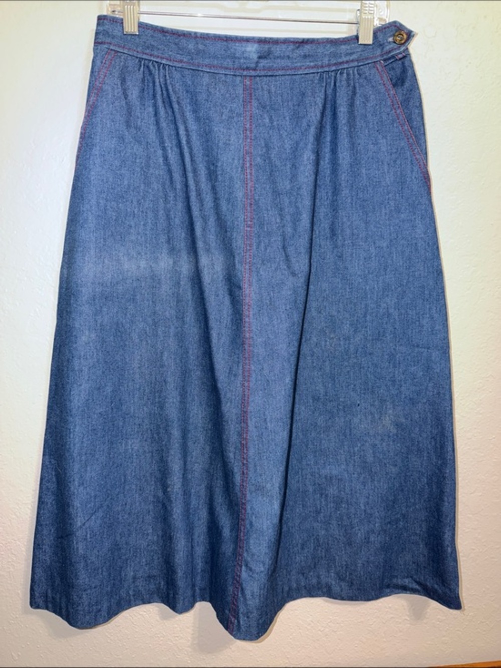 Vintage denim skirt Union made Jean skirt red stitching cottagecore teacher